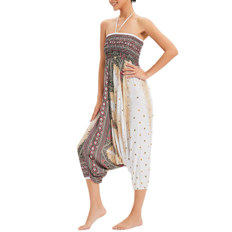 Nimara Ritual Two Style Wear Peacock Feather Loose Smocked Harem Trousers Jumpsuit High Waist Pants