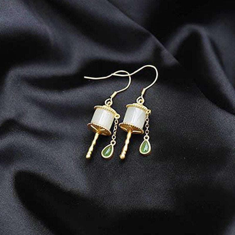 Nimara Ritual 925 Sterling Silver Jade Prayer Wheel Luck Drop Earrings