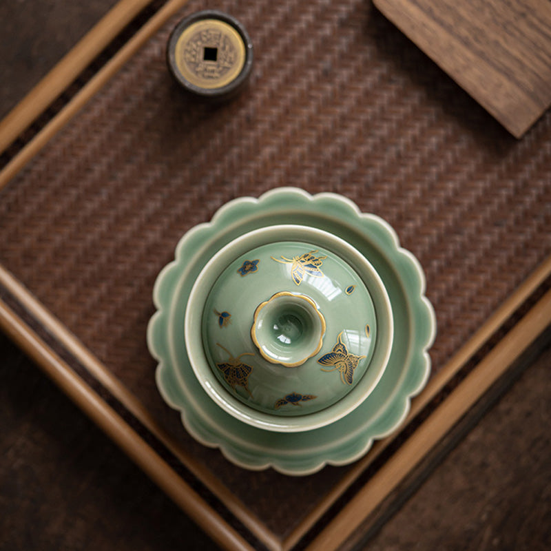 Nimara Ritual Green Porcelain Butterfly Flower Salmon Fish Ceramic Gaiwan Sancai Teacup Kung Fu Tea Cup And Saucer With Lid