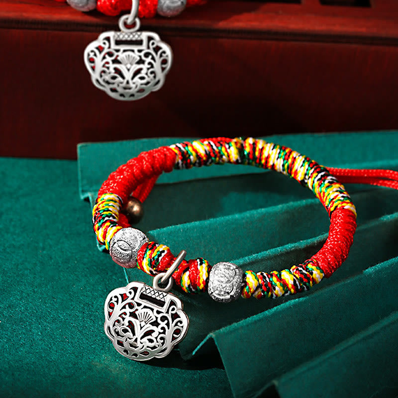 Nimara Ritual 925 Sterling Silver Chinese Lock Charm Multicolored Red String Protection Handmade Braided Kids Bracelet
