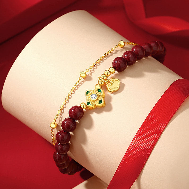 Nimara Ritual 925 Sterling Silver Natural Cinnabar Four Leaf Clover Flower Blessing Chain Bracelet