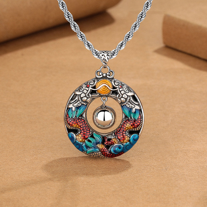 Nimara Ritual Year of the Dragon Colorful Double Dragons Playing Bead Copper Protection Necklace Pendant