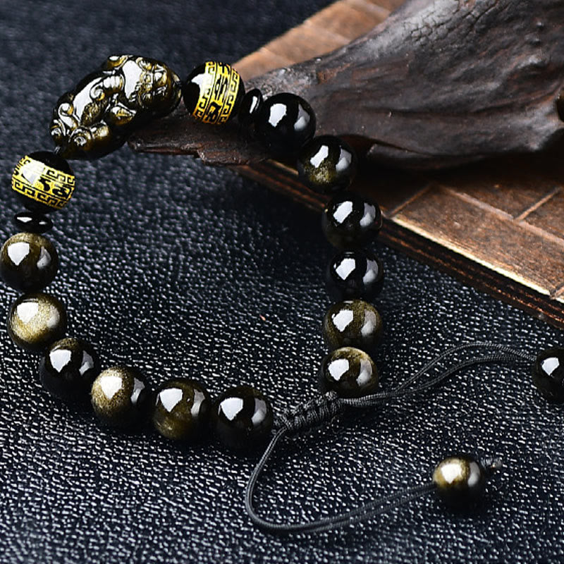 Nimara Ritual Natural Gold Sheen Obsidian PiXiu Om Mani Padme Hum Wealth Braided Bracelet