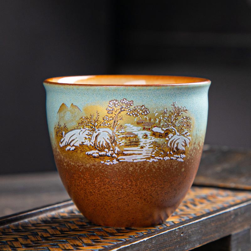 Nimara Ritual Colorful Deer Pipa Snow Plum Blossoms Mountains Rivers Bird Ceramic Teacup Kung Fu Tea Cup Bowl