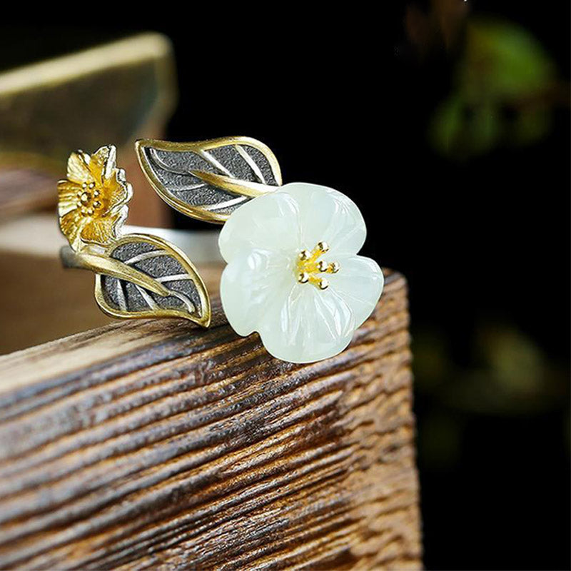 Nimara Ritual 925 Silver Plated Copper White Jade Plum Flower Leaf Luck Ring