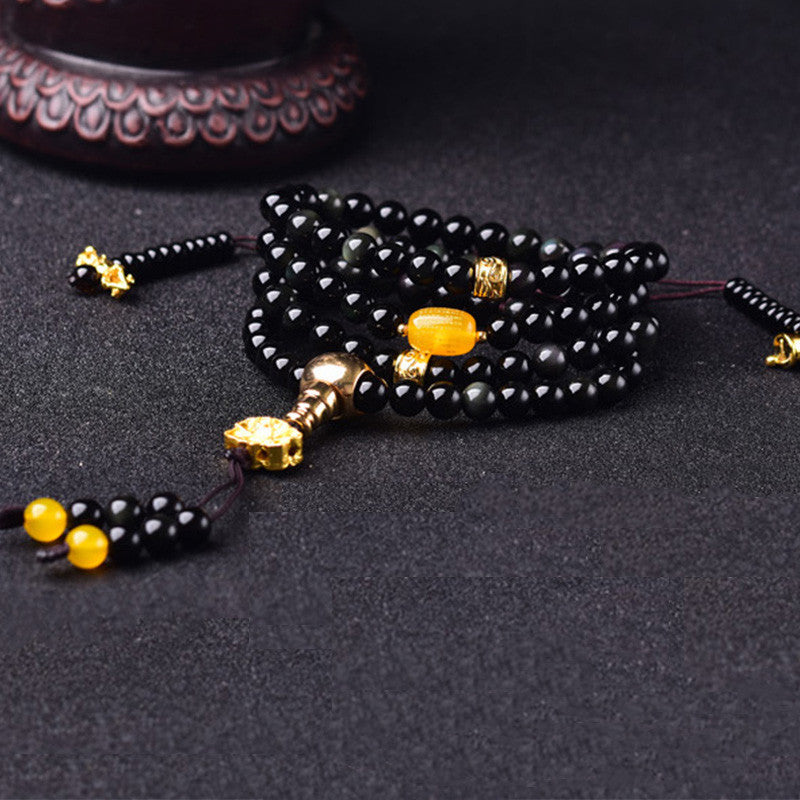 Nimara Ritual 108 Beads Natural Black Obsidian Lotus Fulfilment Mala Bracelet