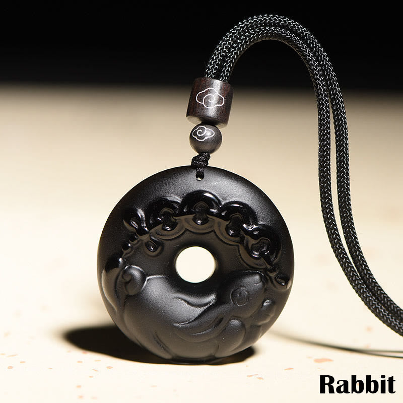 Nimara Ritual Chinese Zodiac Natural Black Obsidian Peace Buckle Strength Necklace Pendant