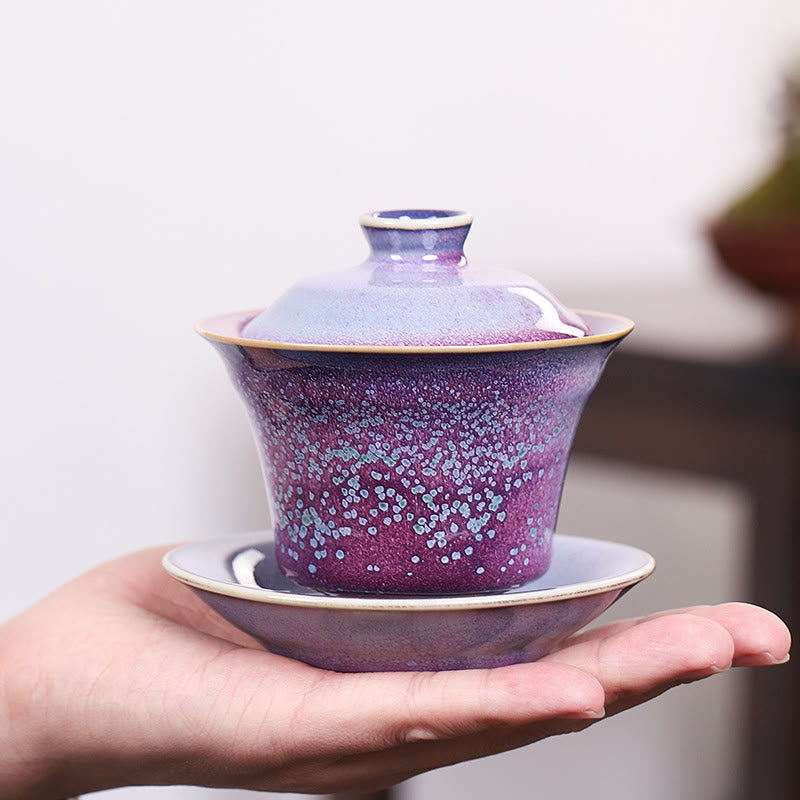 Nimara Ritual Retro Glaze Kiln Change Ceramic Gaiwan Sancai Teacup Kung Fu Tea Cup And Saucer With Lid