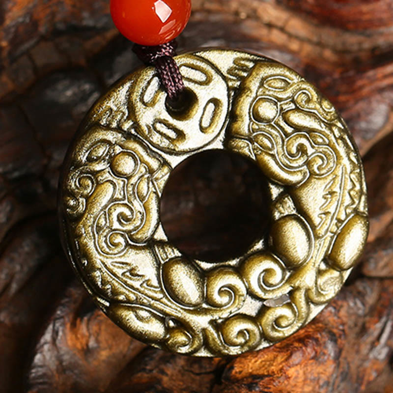 Nimara Ritual Gold Sheen Obsidian Peace Buckle Pixiu Copper Coin Wealth Necklace Pendant
