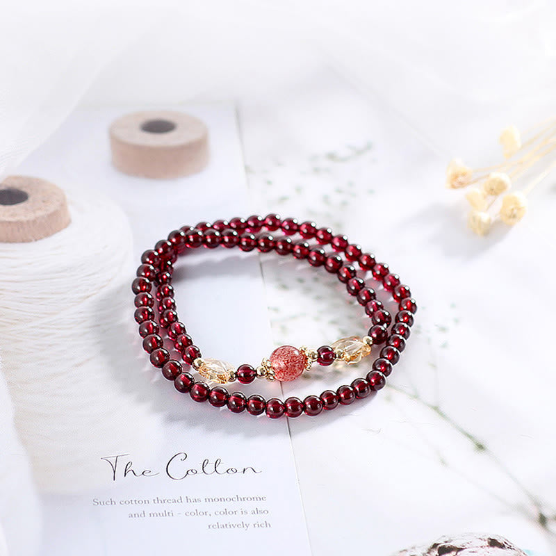 Nimara Ritual 14K Gold Plated Natural Garnet Strawberry Quartz Butterfly Protection Double Wrap Bracelet