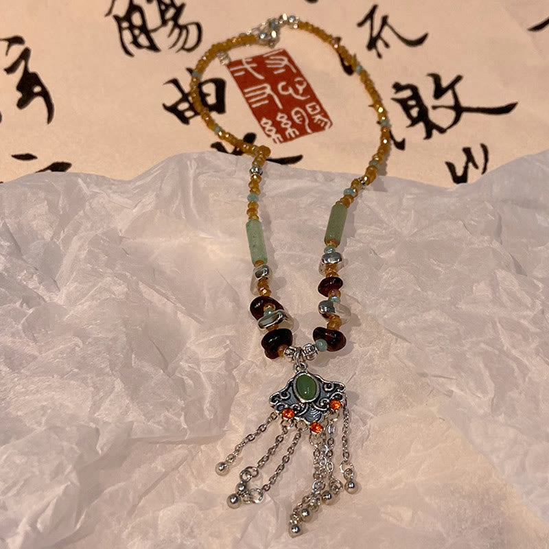 Nimara Ritual Tibetan Crystal Stone Copper Luck Tassel Necklace Pendant