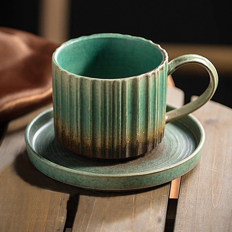 Nimara Ritual Retro Striped Kiln Change Ceramic Coffee Mug Rough Pottery Tea Coffee Cup With Saucer 250ml