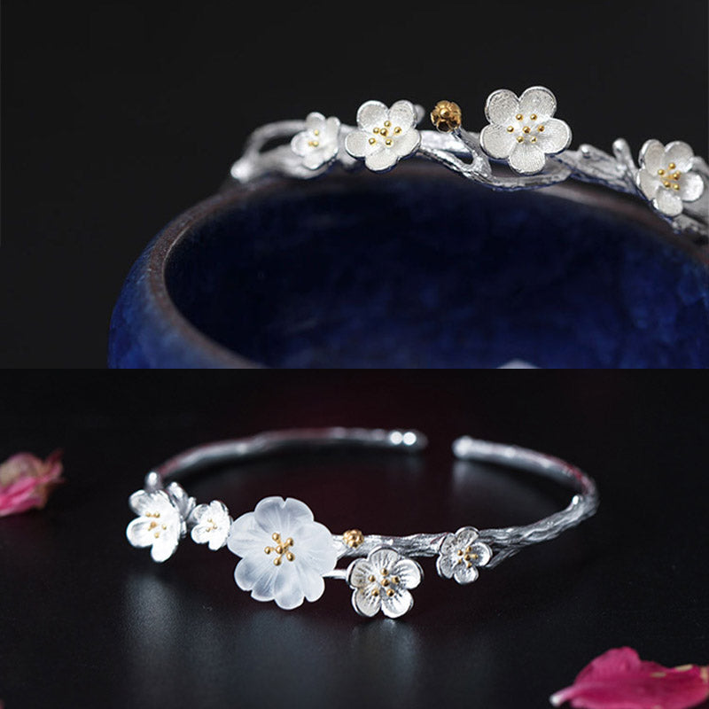 Nimara Ritual 925 Sterling Silver Plum Flower Blessing Bracelet Adjustable Bangle