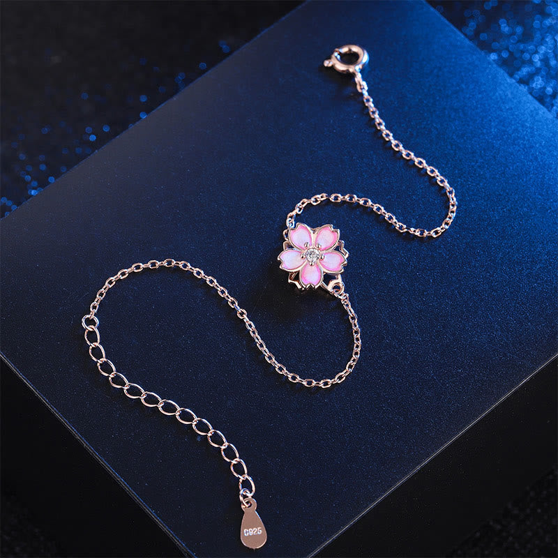 Nimara Ritual 925 Sterling Silver Cherry Blossom Blessing Chain Bracelet Rotatable Ring