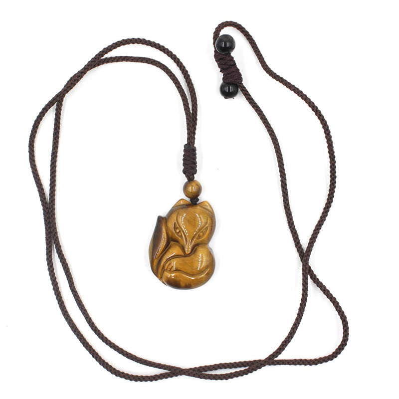 Nimara Ritual Natural Black Obsidian Tiger Eye Ice Obsidian Fox Pendant Amulet Necklace