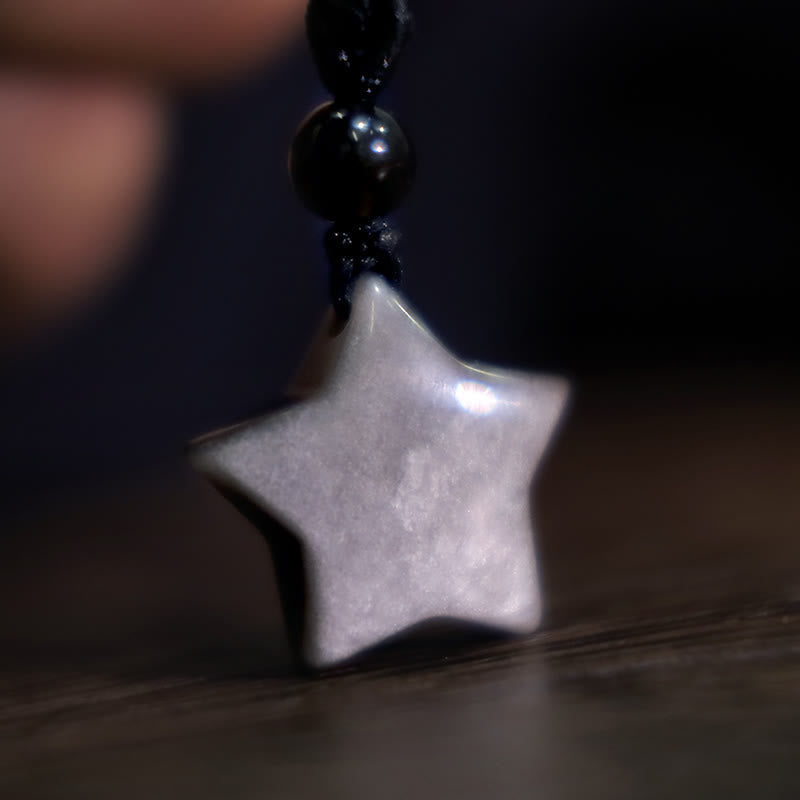 Nimara Ritual Natural Silver Sheen Obsidian Star Crescent Moon Protection Necklace Pendant