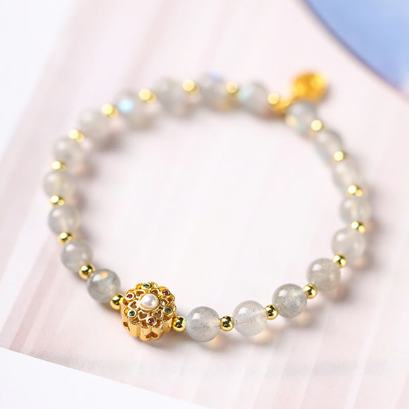 Nimara Ritual 14K Gold Plated Natural Strawberry Quartz Labradorite Sun Stone Fu Character Positive Charm Bracelet