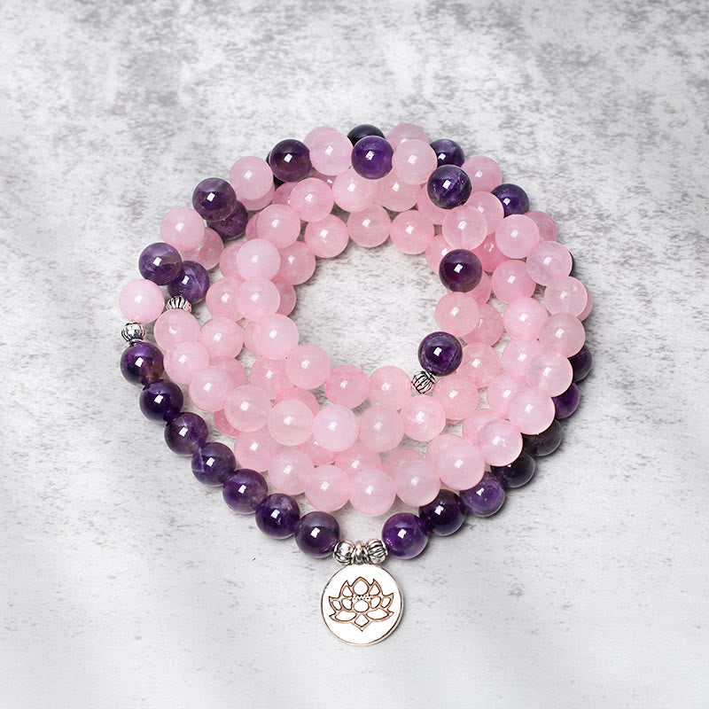 Nimara Ritual Natural Rose Quartz & Amethyst Mala Bead Lotus Pendant Bracelet
