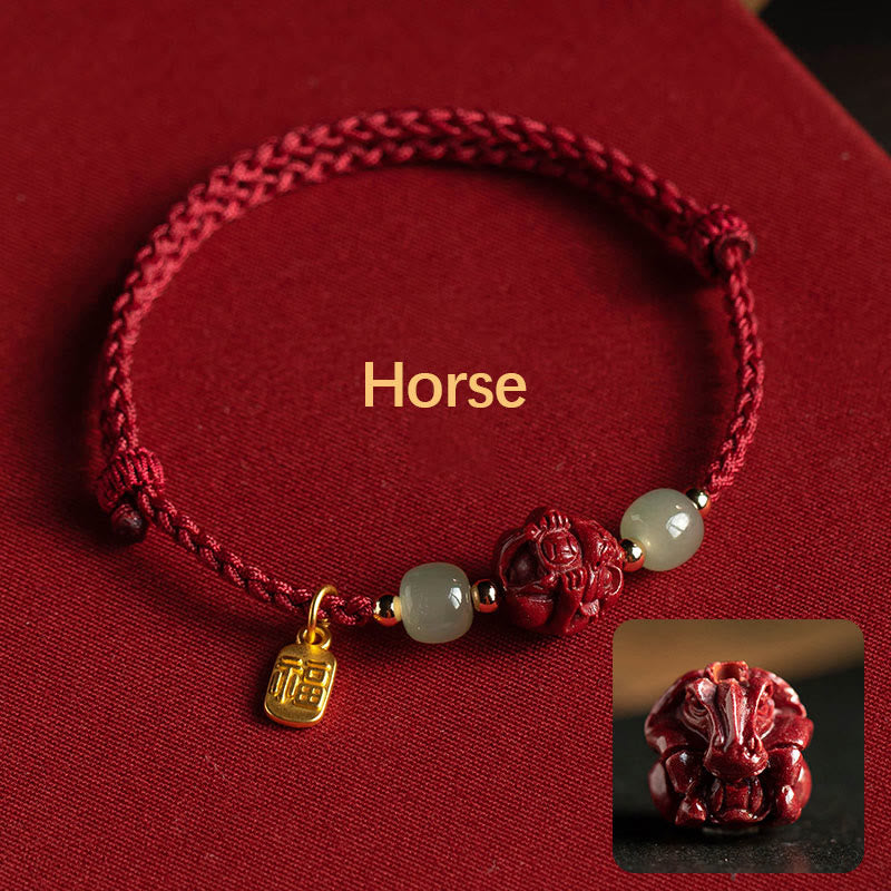Nimara Ritual Natural Cinnabar Chinese Zodiac Hetian Jade Fu Character Luck Rope Bracelet