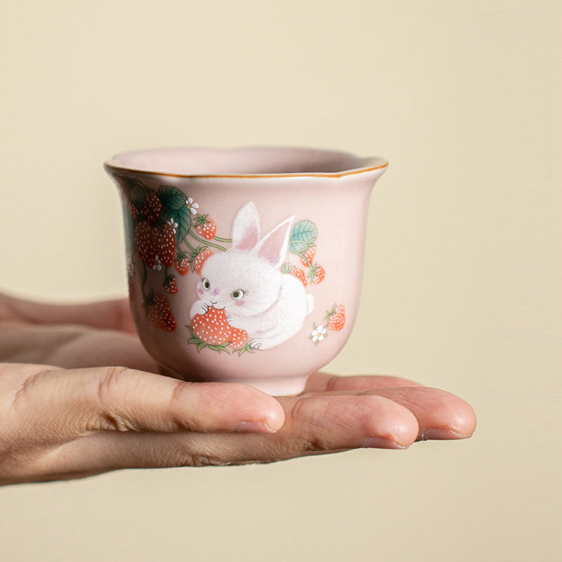 Nimara Ritual Cute Strawberry Rabbit Flower Ceramic Teacup Kung Fu Tea Cup 55ml