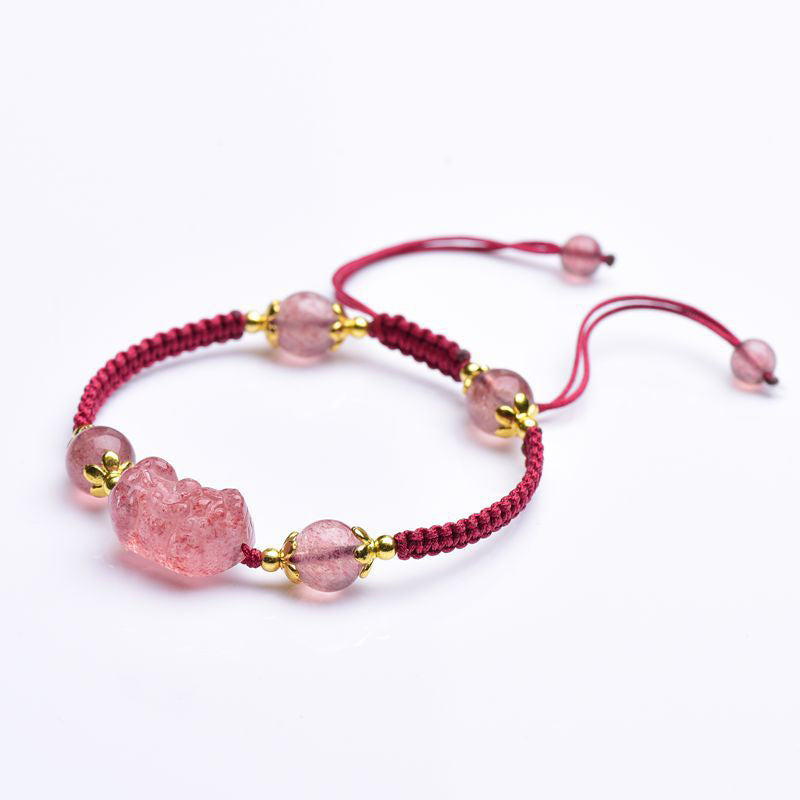 Nimara Ritual Natural Strawberry Crystal Pixiu Charm Lucky Red String Bracelet
