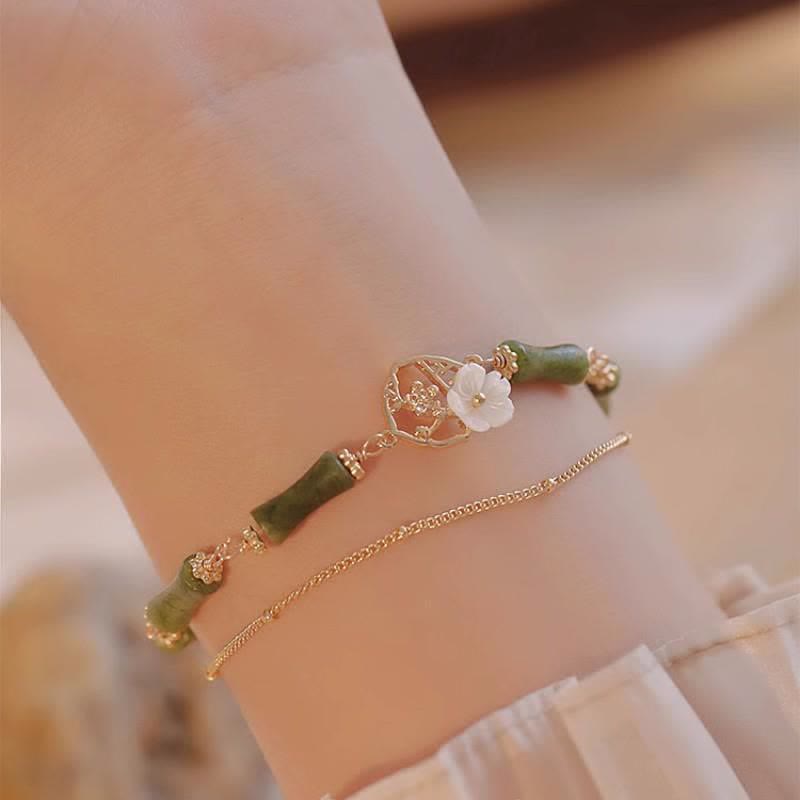 Nimara Ritual 14k Gold Plated Copper Peridot Bamboo Flower Wealth Double Layer Bracelet