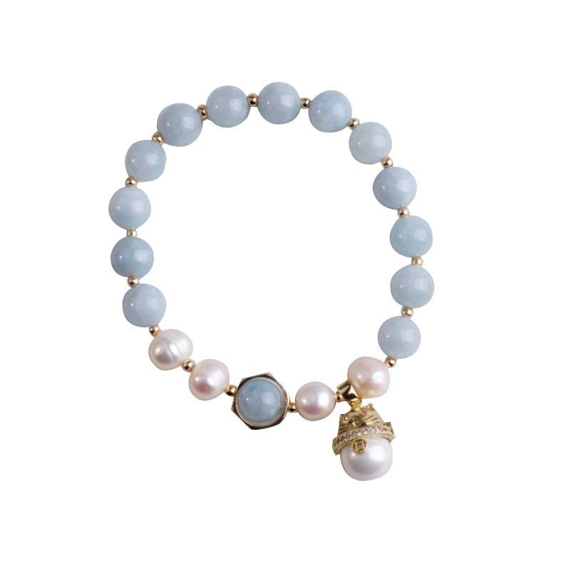 Nimara Ritual Aquamarine Pearl Peace Healing Lucky Cat Charm Bracelet