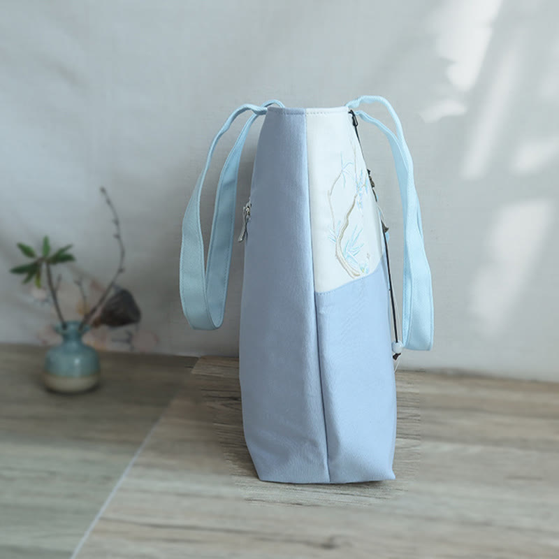 Nimara Ritual Pear Flower Plum Peach Blossom Bamboo Embroidery Canvas Large Capacity Shoulder Bag Tote Bag