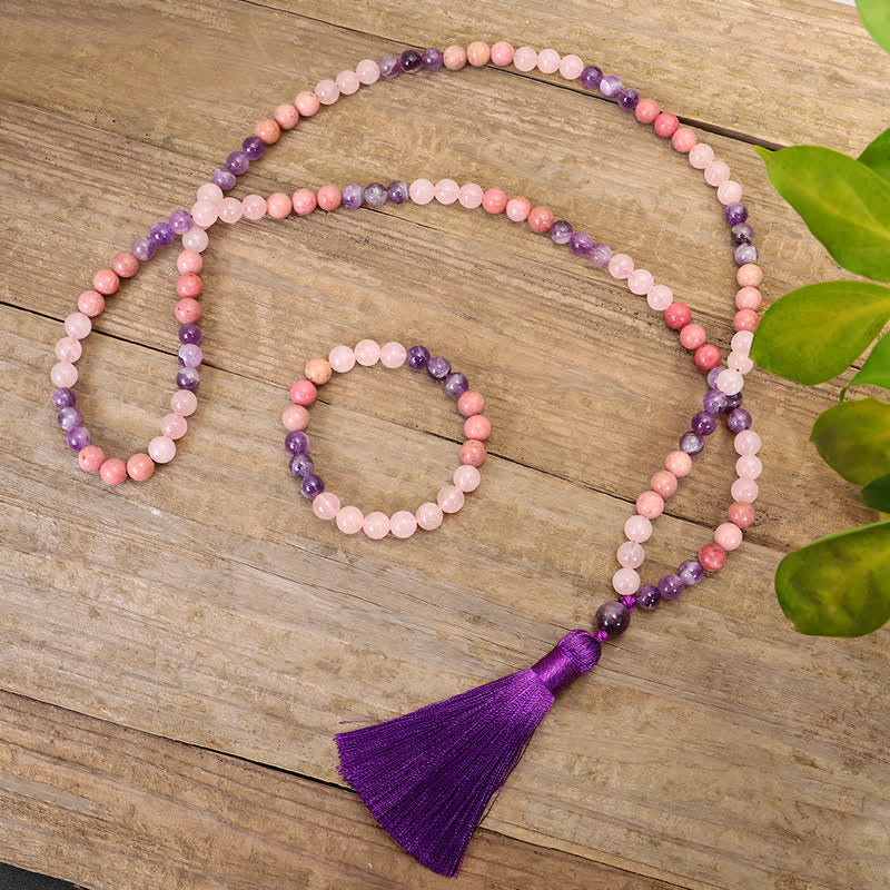 Nimara Ritual 108 Mala Beads Amethyst Rose Quartz Spiritual Healing Tassel Bracelet