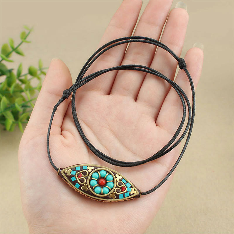 Nimara Ritual Tibet Turquoise Bead Marquise Pattern Protection Strength Necklace Pendant