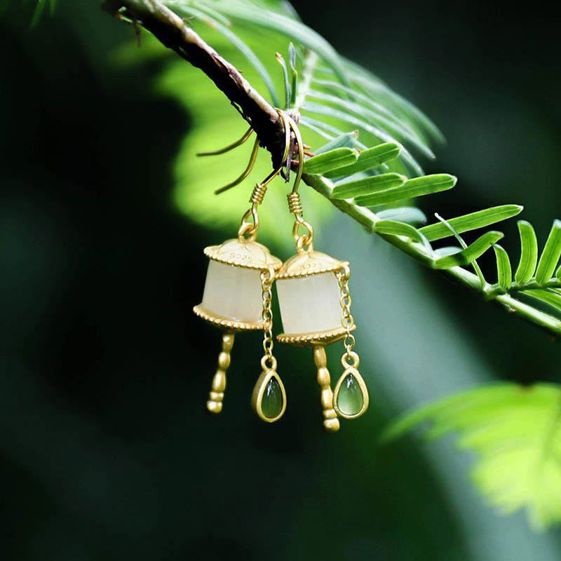 Nimara Ritual 925 Sterling Silver Jade Prayer Wheel Luck Drop Earrings