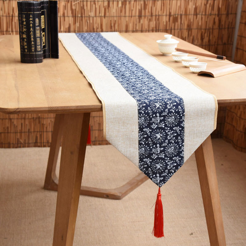 Nimara Ritual Classic Chinese Style Lotus Koi Fish Flower Crane Calligraphy Enlightenment Cotton Linen Tassels Table Runner