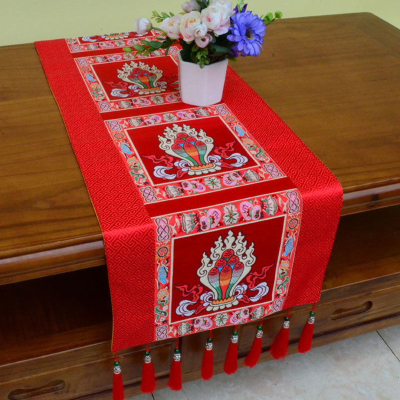 Nimara Ritual Prayer Altar Mat Man-Bcu Kalachakra Endless Knot Vajra Tibetan Auspicious Symbols Tassels Table Runner