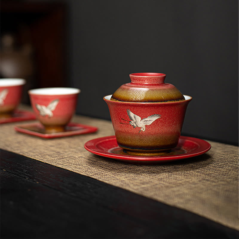Nimara Ritual Red Auspicious Crane Ceramic Gaiwan Sancai Teacup Kung Fu Tea Cup And Saucer With Lid