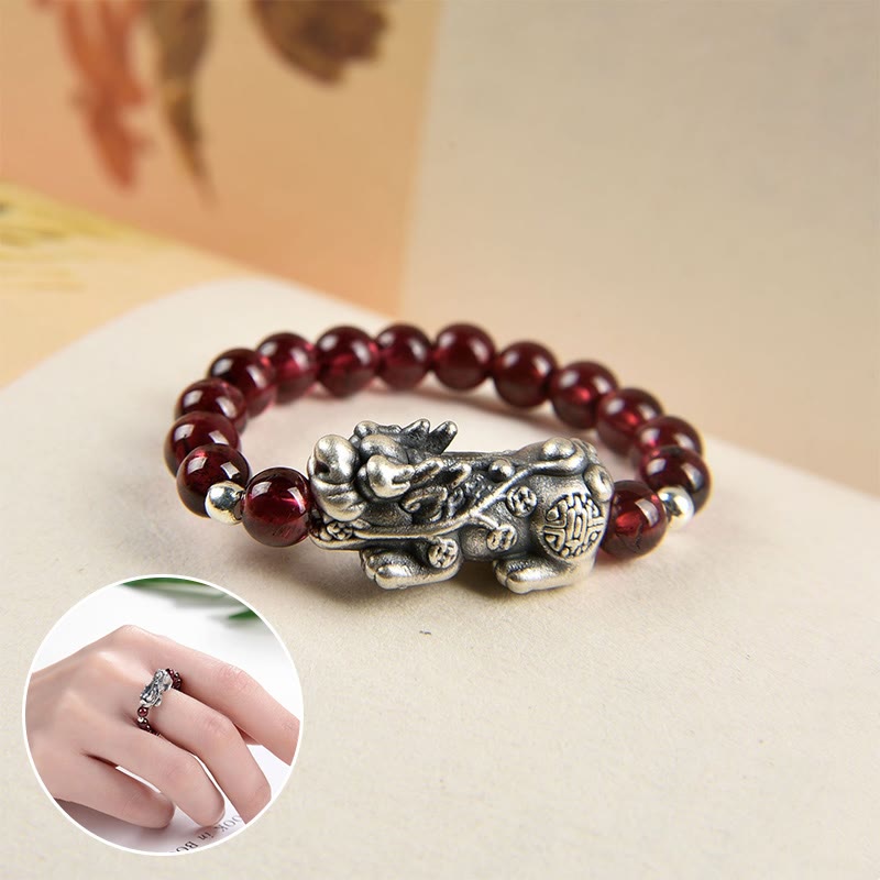 Nimara Ritual 925 Sterling Silver Natural Garnet Moonstone Red Agate PiXiu Wealth Ring