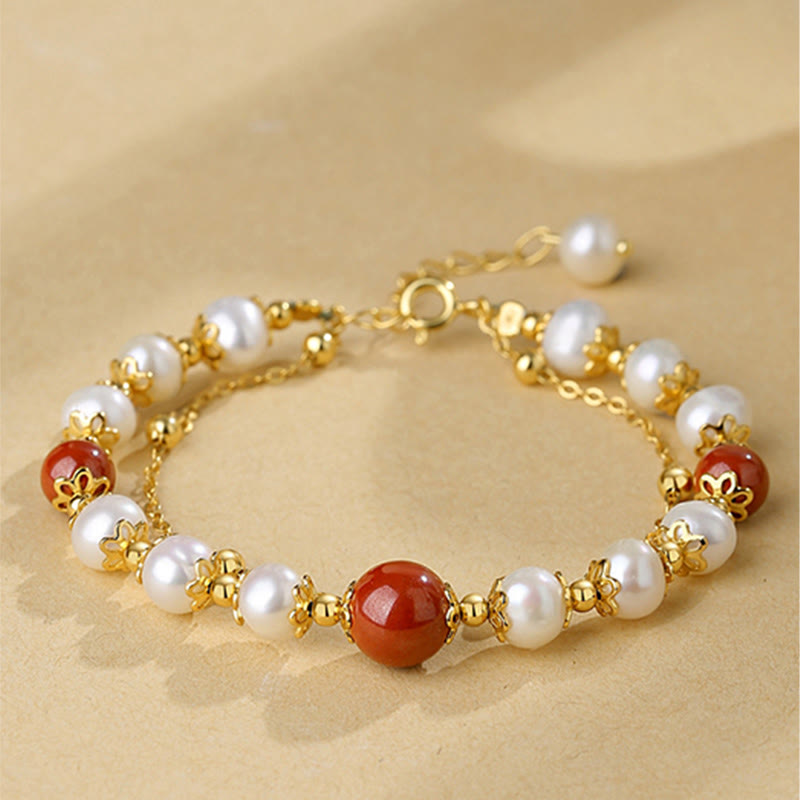 Nimara Ritual 925 Sterling Silver Pearl Cinnabar Wisdom Bead Double Layer Chain Bracelet