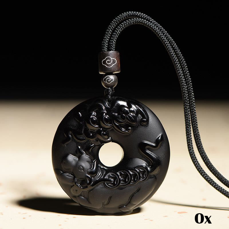 Nimara Ritual Chinese Zodiac Natural Black Obsidian Peace Buckle Strength Necklace Pendant