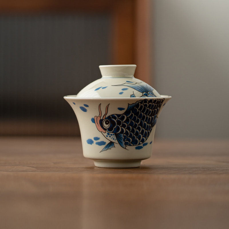 Nimara Ritual Koi Fish Arowana Ceramic Gaiwan Sancai Teacup Kung Fu Tea Cup With Lid 130ml