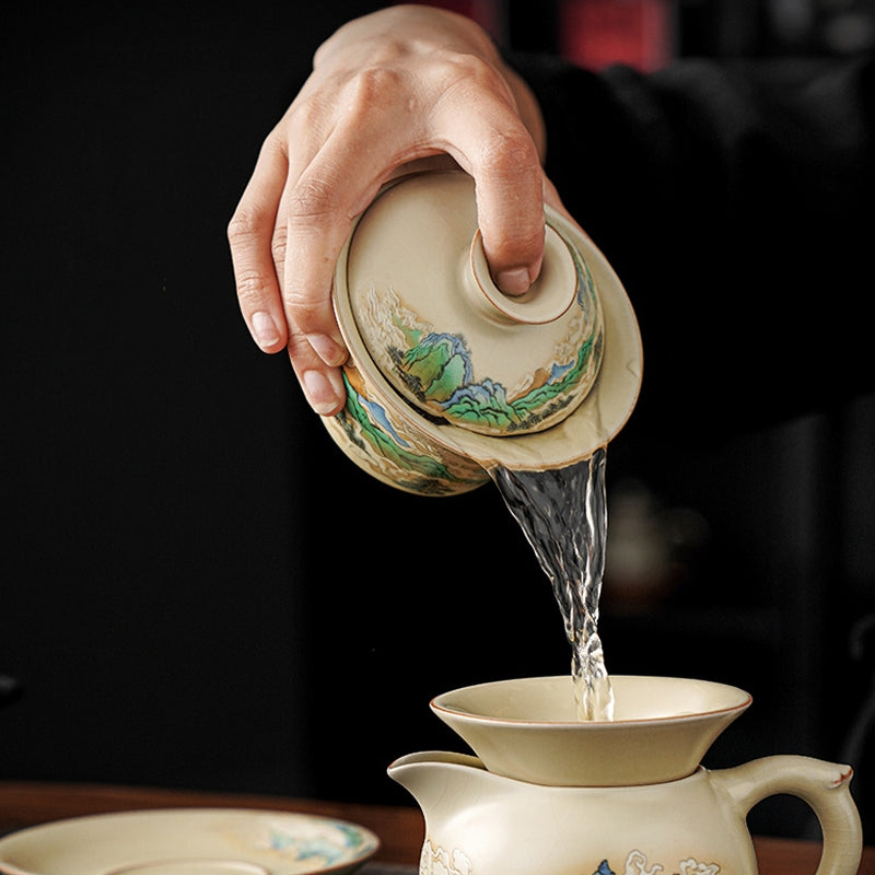 Nimara Ritual A Panorama of Rivers and Mountains Flowers Ceramic Gaiwan Sancai Teacup Kung Fu Tea Cup And Saucer With Lid