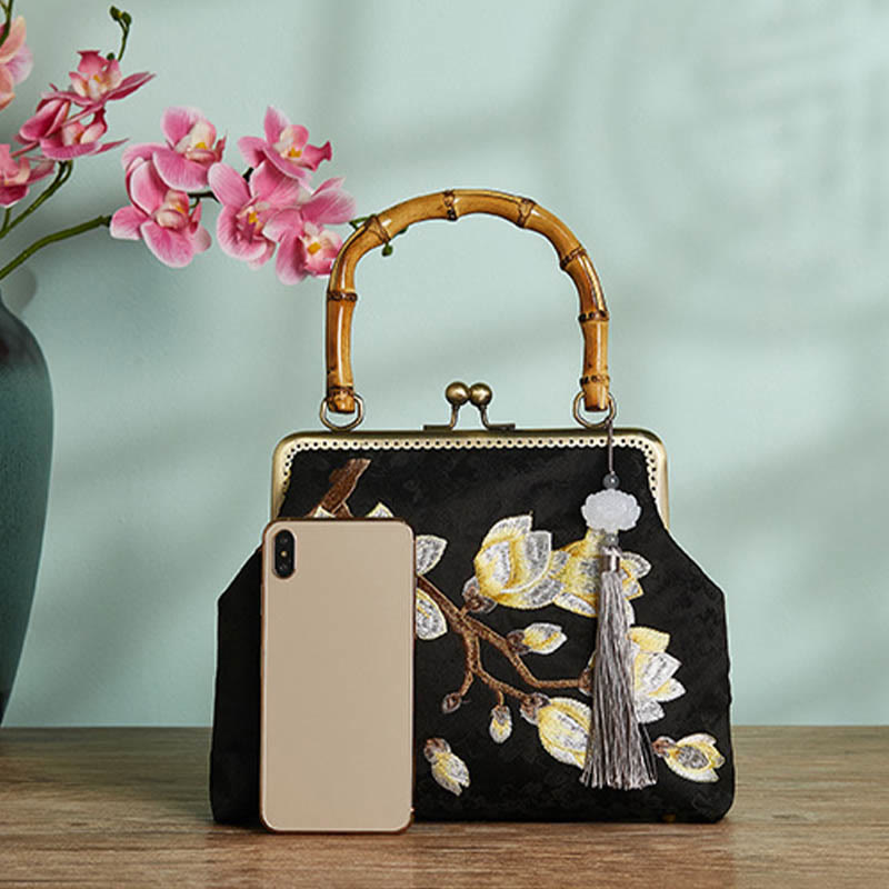 Nimara Ritual Plum Blossom Embroidery Bamboo Handle Handbag Crossbody Bag