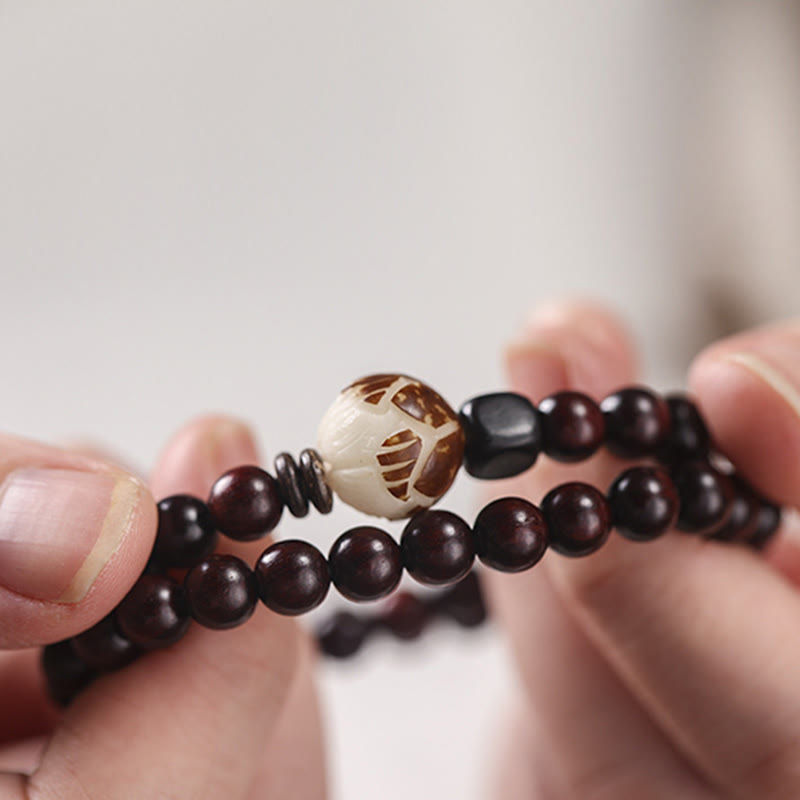 Nimara Ritual Small Leaf Red Sandalwood Lotus Bodhi Seed Carved Protection Double Wrap Bracelet