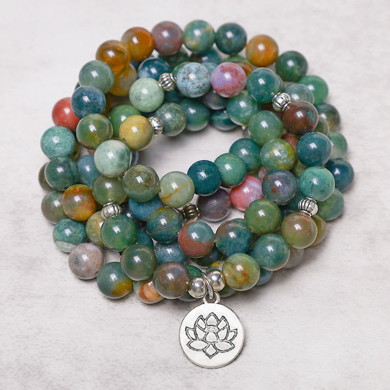 Nimara Ritual 108 Mala Beads Indian Agate Lotus OM Buddha Tree of life Positive Calm Bracelet