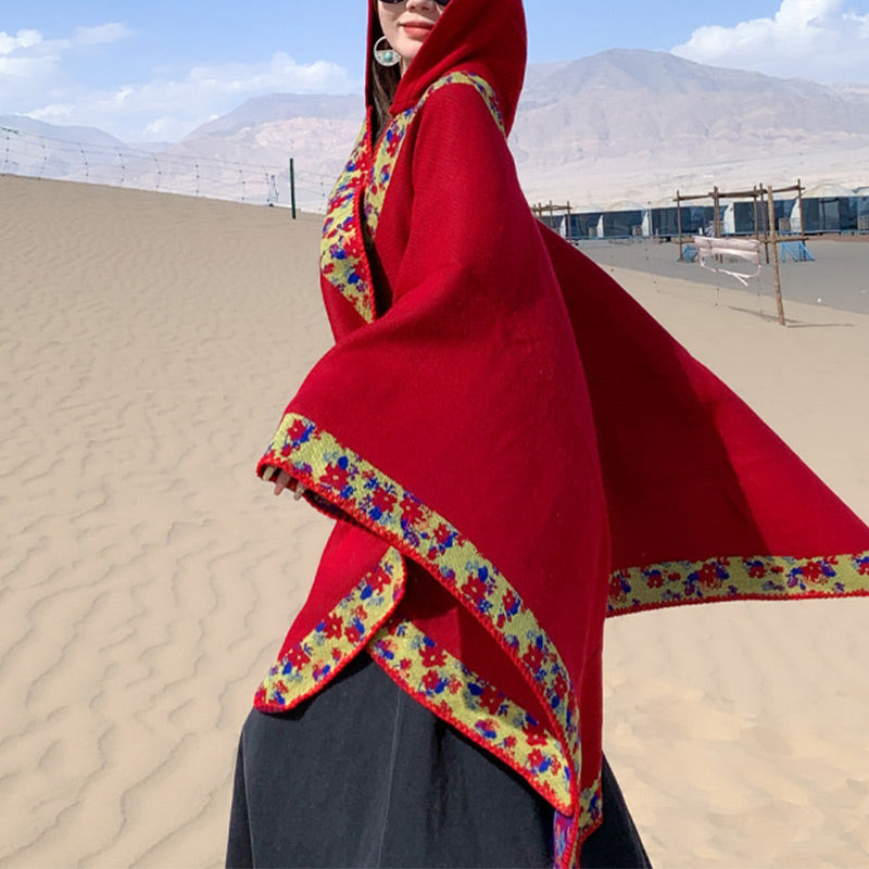 Nimara Ritual Tibetan Shawl Border Small Floral Flower Hooded Cloak Winter Cozy Travel Scarf Wrap