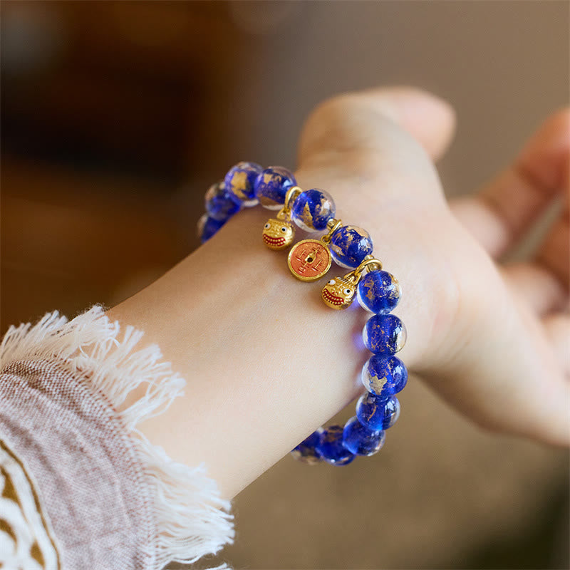 Nimara Ritual Gold Swallowing Beast Copper Coin Good Luck Charm Liuli Glass Bead Fortune Bracelet