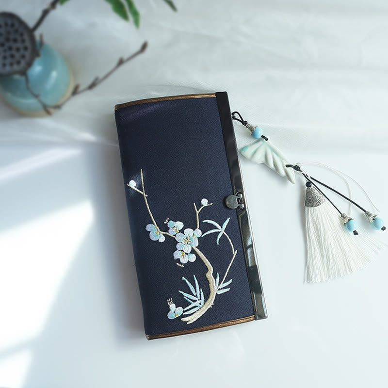 Nimara Ritual Flower Plum Peach Blossom Bamboo Double-sided Embroidery Large Capacity Cash Holder Wallet Shopping Purse