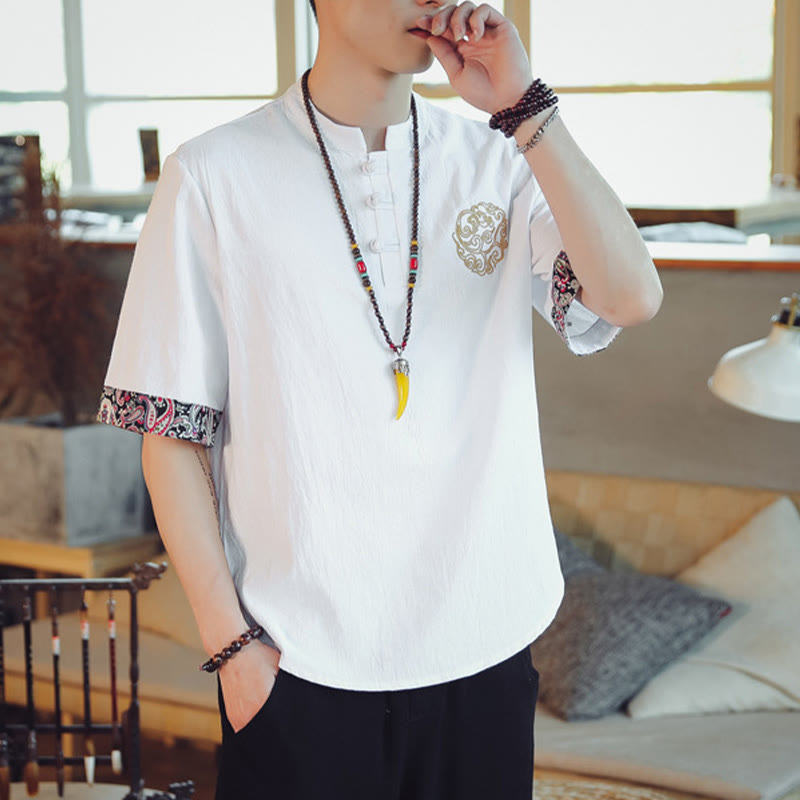 Nimara Ritual Frog-Button Dragon Embroidery Chinese Tang Suit Short Sleeve Shirt Men Clothing