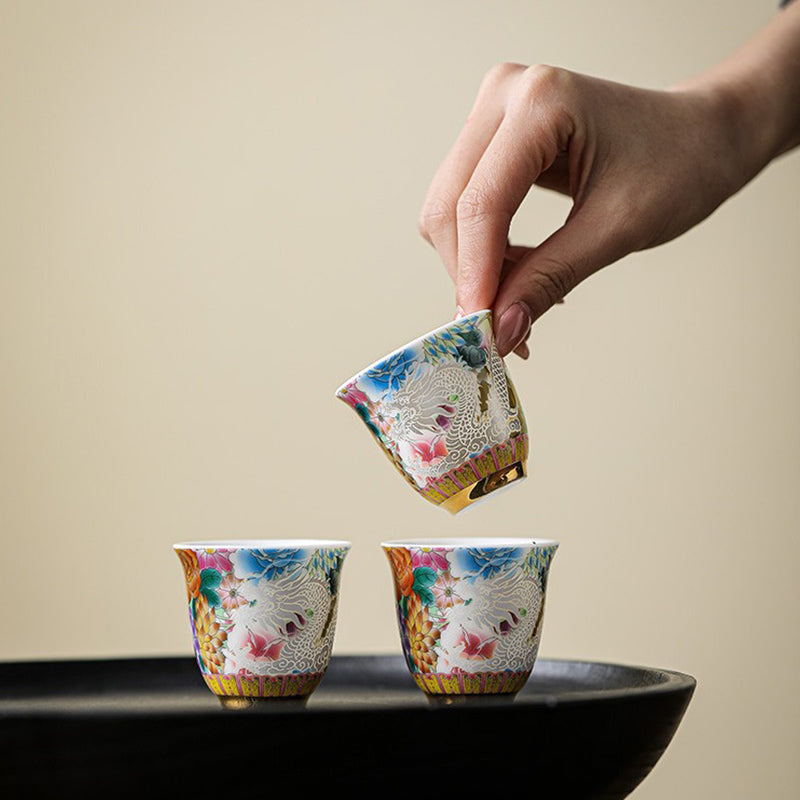Nimara Ritual Dragon Phoenix Flowers Ceramic Teacup Kung Fu Tea Cup 50ml