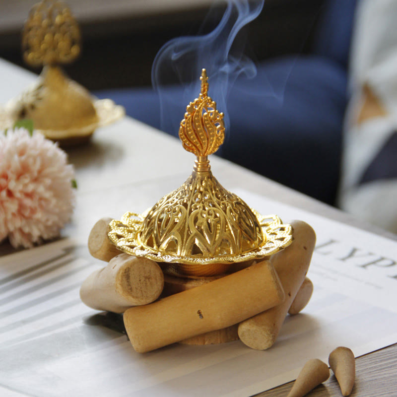 Nimara Ritual Gold Alloy Healing Mini Incense Burner With Wooden Coaster Home Decor