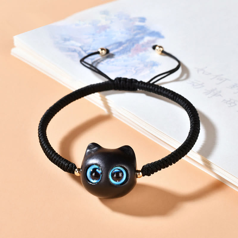 Nimara Ritual Ebony Wood Cat Head Pattern Peace King Kong Knot Braided Bracelet