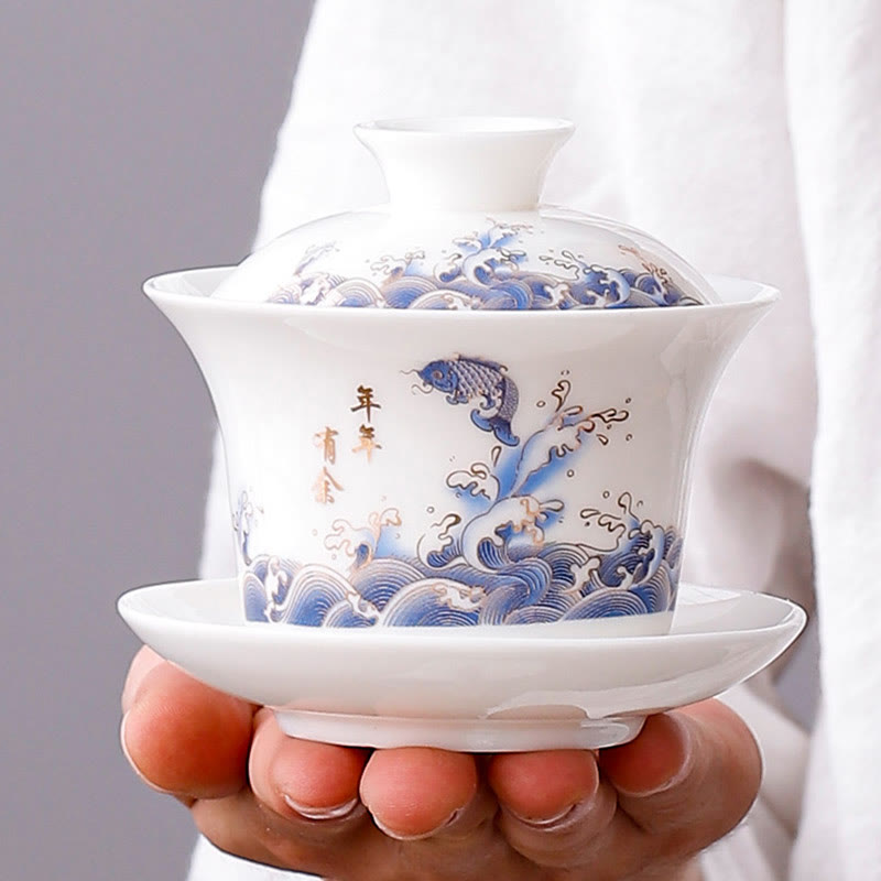Nimara Ritual White Porcelain Mountain Landscape Countryside Ceramic Gaiwan Teacup Kung Fu Tea Cup And Saucer With Lid